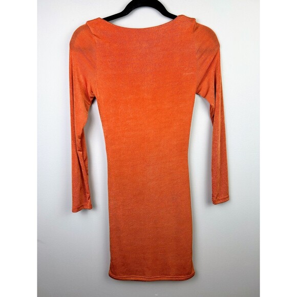PepperMayo Cora Mini Dress Long Sleeve Bodycon Cut Outs Ruched Ring Tie Orange 4 - Picture 5 of 13